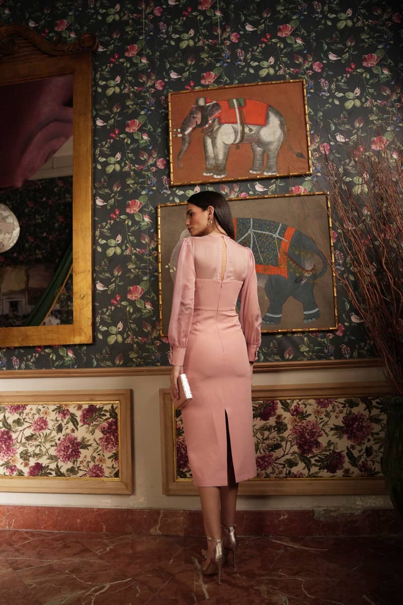 Elegantné midi šaty Lira v púdrovej ružovej