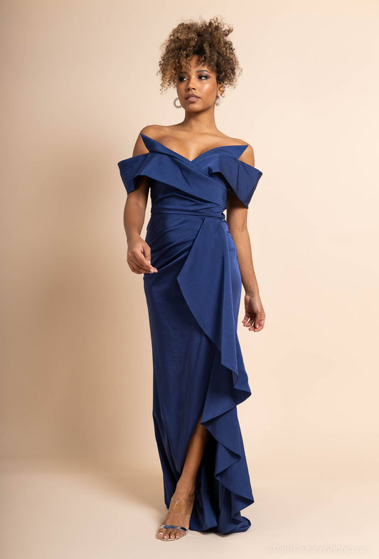 Tmavomodré koktejlové šaty s nariaseným puzdrovým strihom a rozparkom Primsi