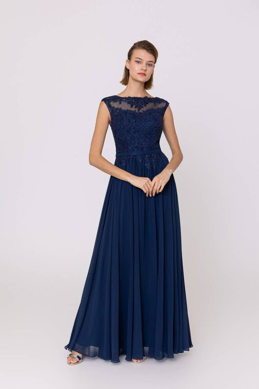 Dlhé spoločenské áčkové šaty s bohato zdobeným živôtikom a šifónovou sukňou Edity