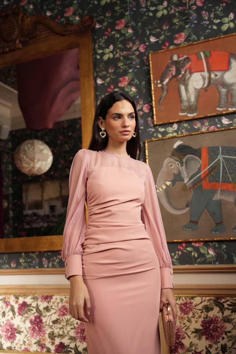 Elegantné midi šaty Lira v púdrovej ružovej