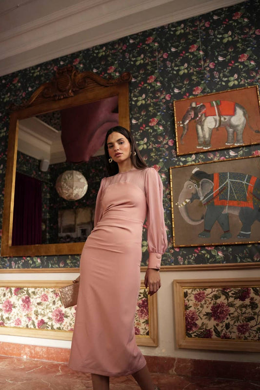 Elegantné midi šaty Lira v púdrovej ružovej