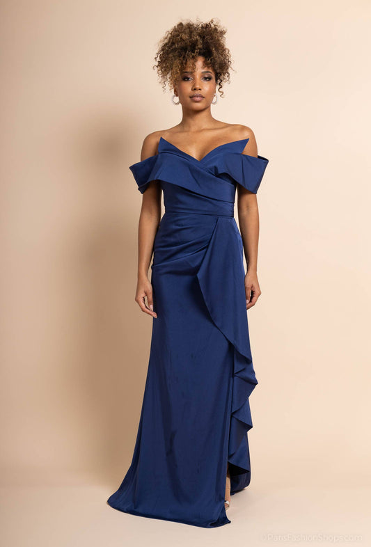 Tmavomodré koktejlové šaty s nariaseným puzdrovým strihom a rozparkom Primsi