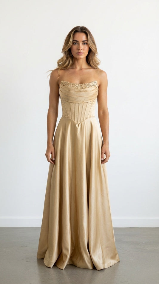 Zlatá korzetová róba s ručnou výšivkou a vreckami Héra